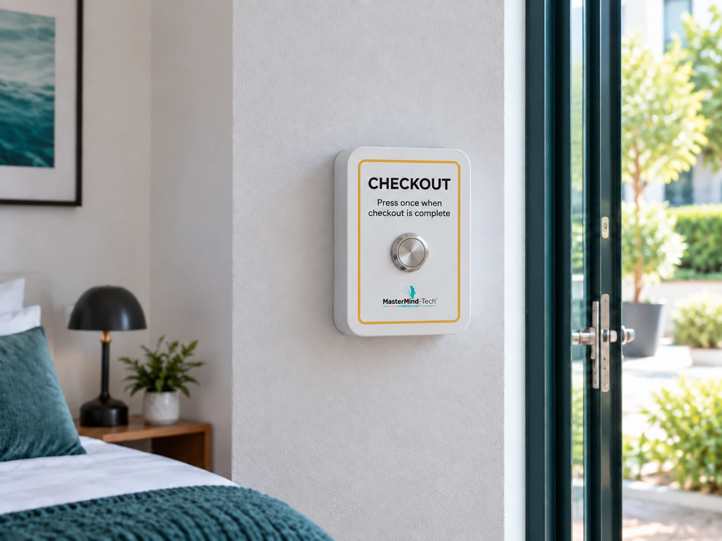 StayAlert Checkout button mounted on the bedroom wall beside the property exit.