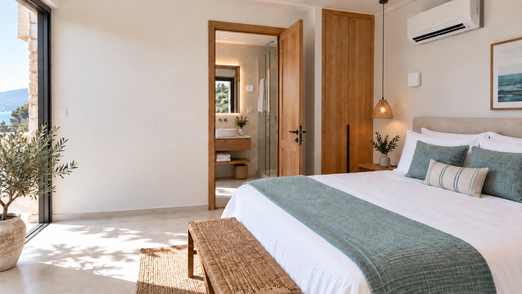 Hospitality bedroom showing the AC, StayEco Controller and associated Room Sensor in the en-suite.