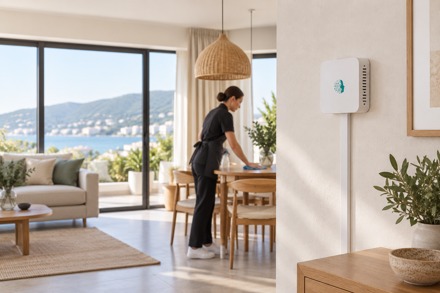 A wall-mounted StayControl monitor with white cable trunking in a hospitality apartment, with a housekeeper working nearby.